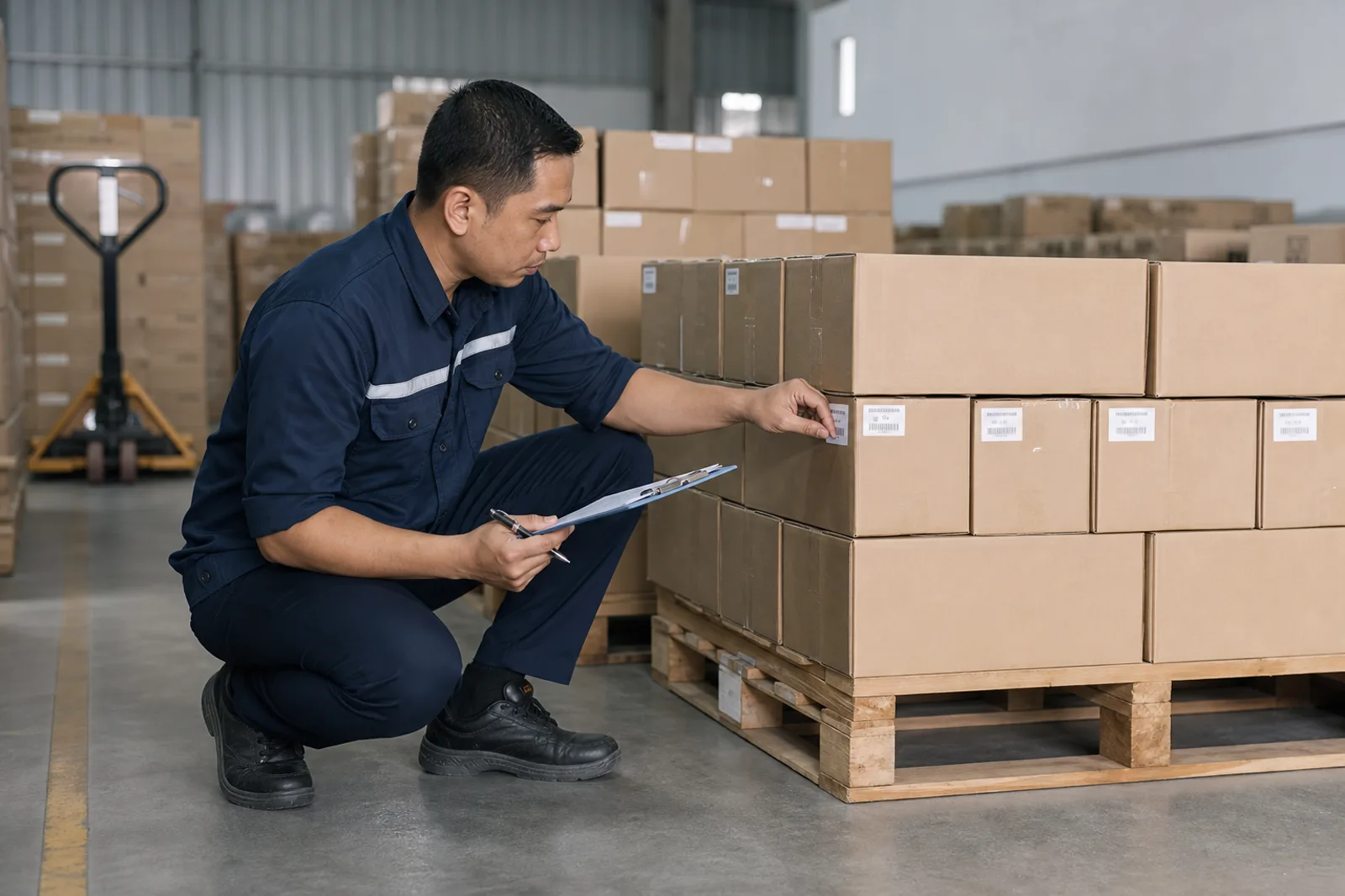 Quality-control specialist inspecting lot labels on export cartons
