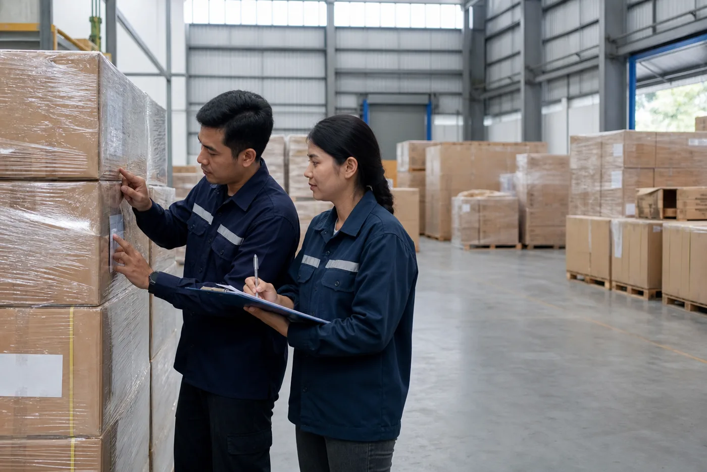 Quality-control staff inspecting export cartons in a warehouse